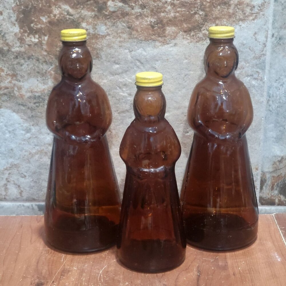 Vintage Mrs Butterworth Amber Glass Syrup Bottles Set of 3